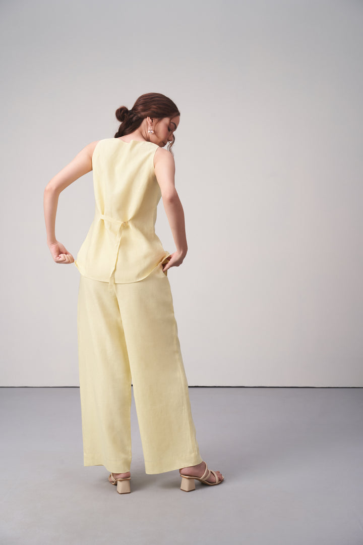 Golden Dune Linen Waistcoat For Women – Stylish Button-front Vest | Linen Buttoned Waistcoat For Full Back Model View
