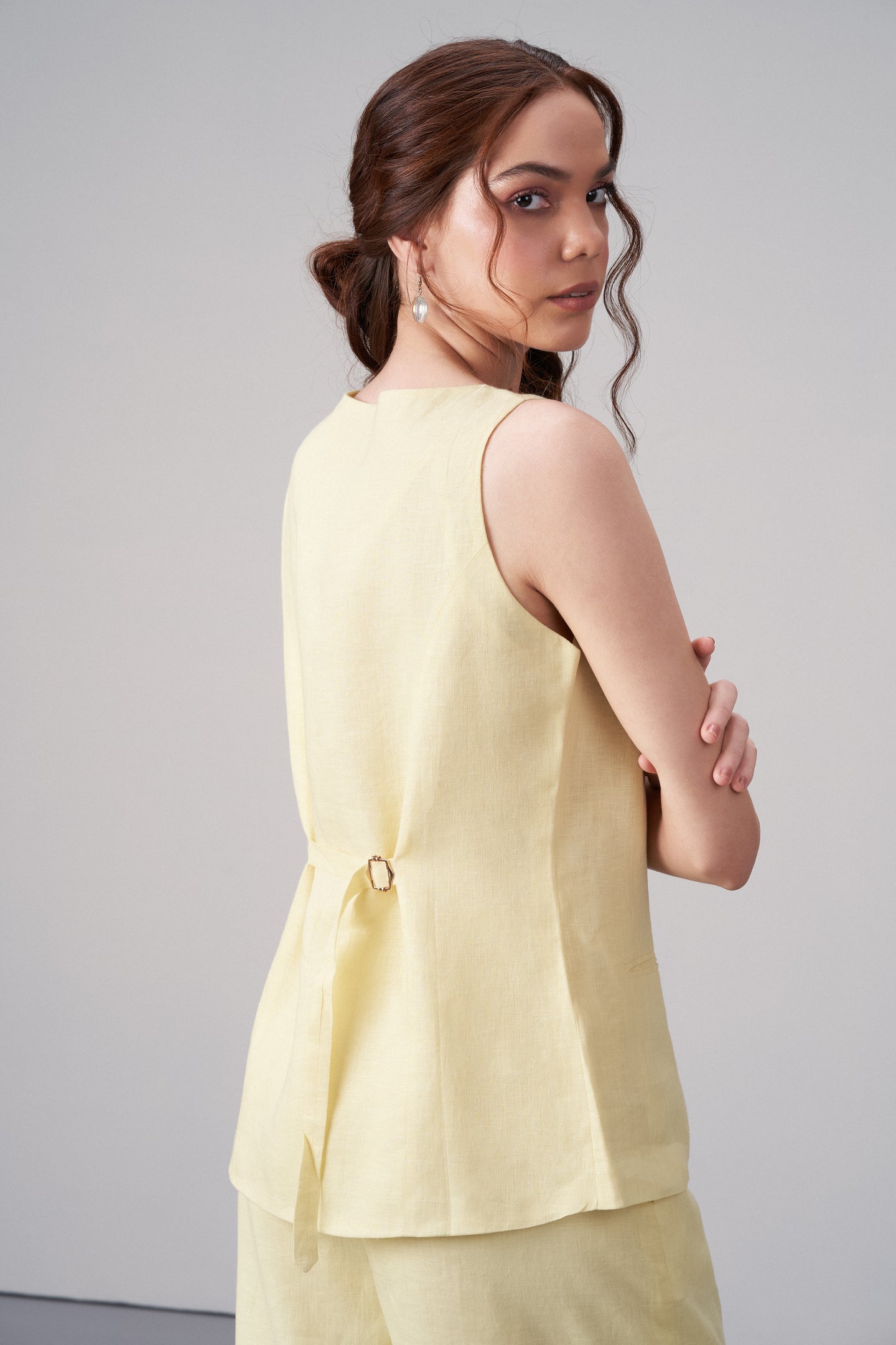 Golden Dune Linen Waistcoat For Women – Stylish Button-front Vest | Linen Buttoned Waistcoat For Right Side CLosed Up Model View
