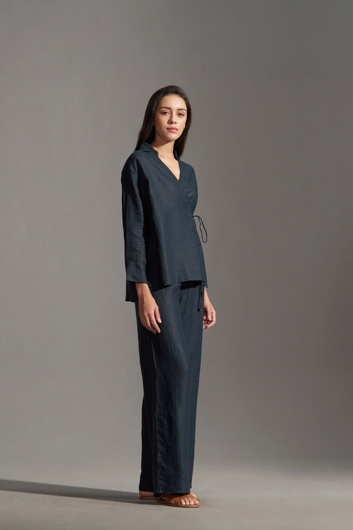 women Linen Collared Tie-Up Top | Navy Blue Womens Top rightside view | Linen Tops for Women