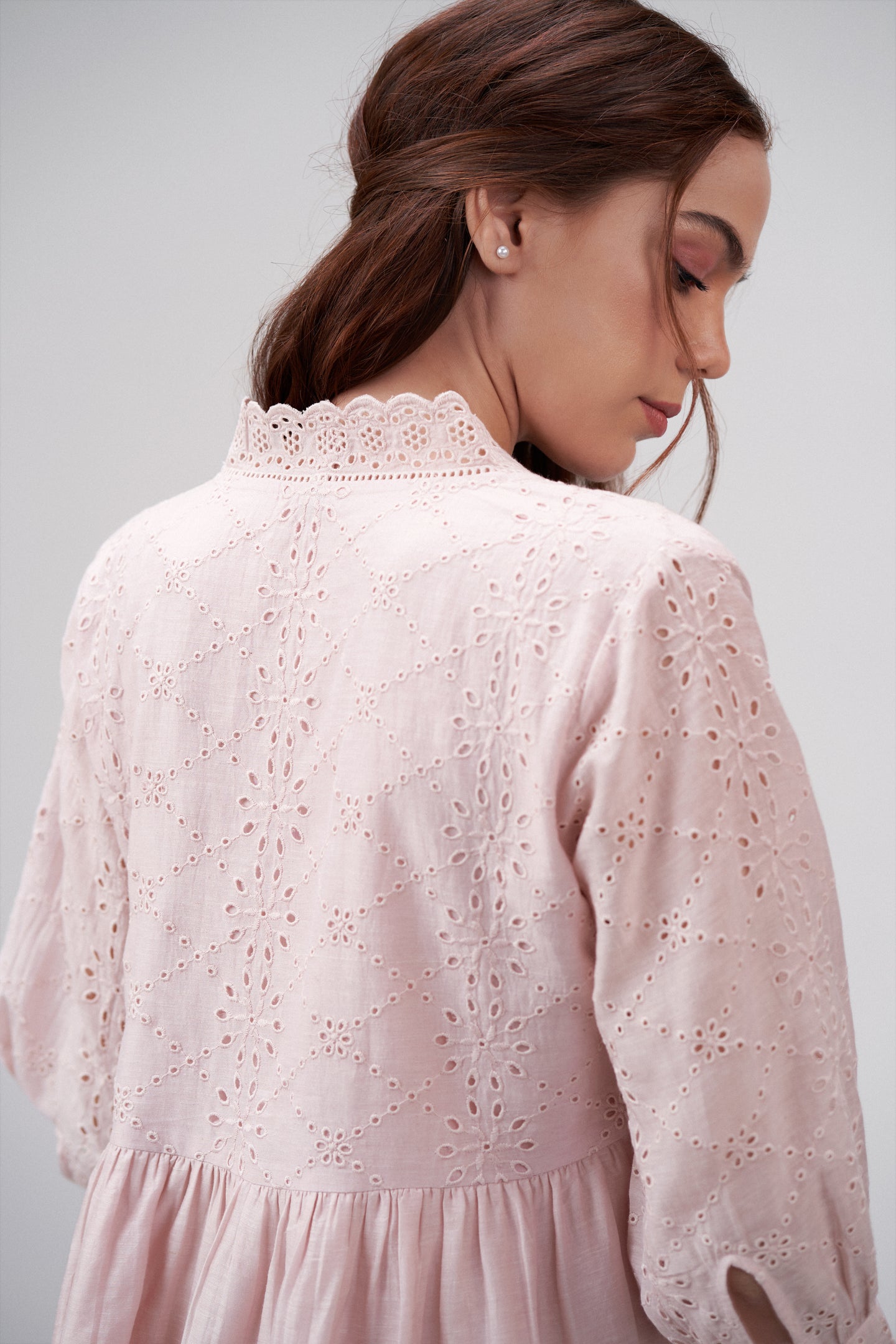 Women's Premium Linen Cotton Pink Embroidered Cutwork V-neck Mini Dress | Broidery Anglaise Short Dress For Back Closed Up Model View 