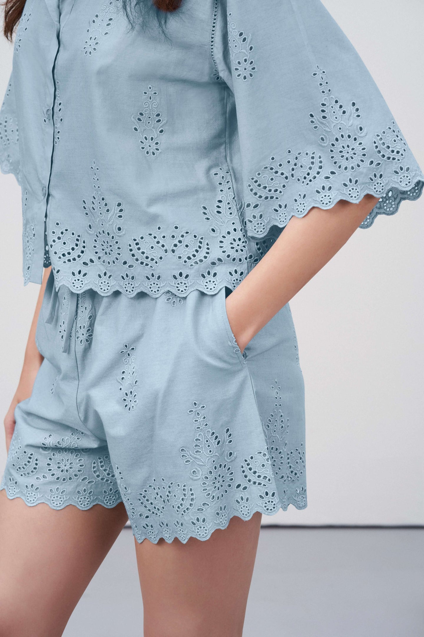 Broidery Anglaise Short For Left Pocket Model View | Broderie Anglaise Cotton Shorts With Drawstring Waist