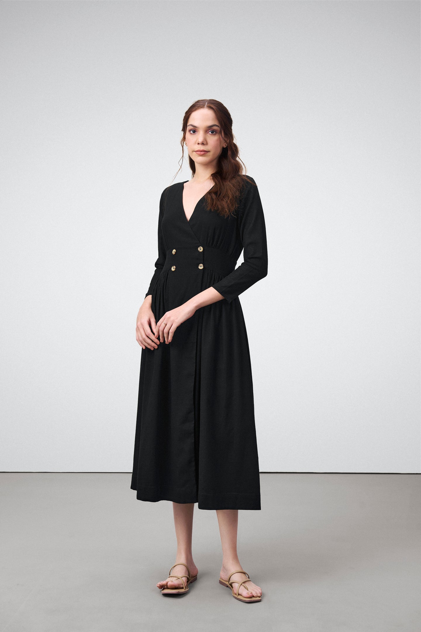 Ladies 100% Cotton Soft And Breathable Long Sleeve V Neckline Fit And Flare Midi Dress For Women Front Mode View | Balck Cotton Fit & Flare Midi Dress For Women