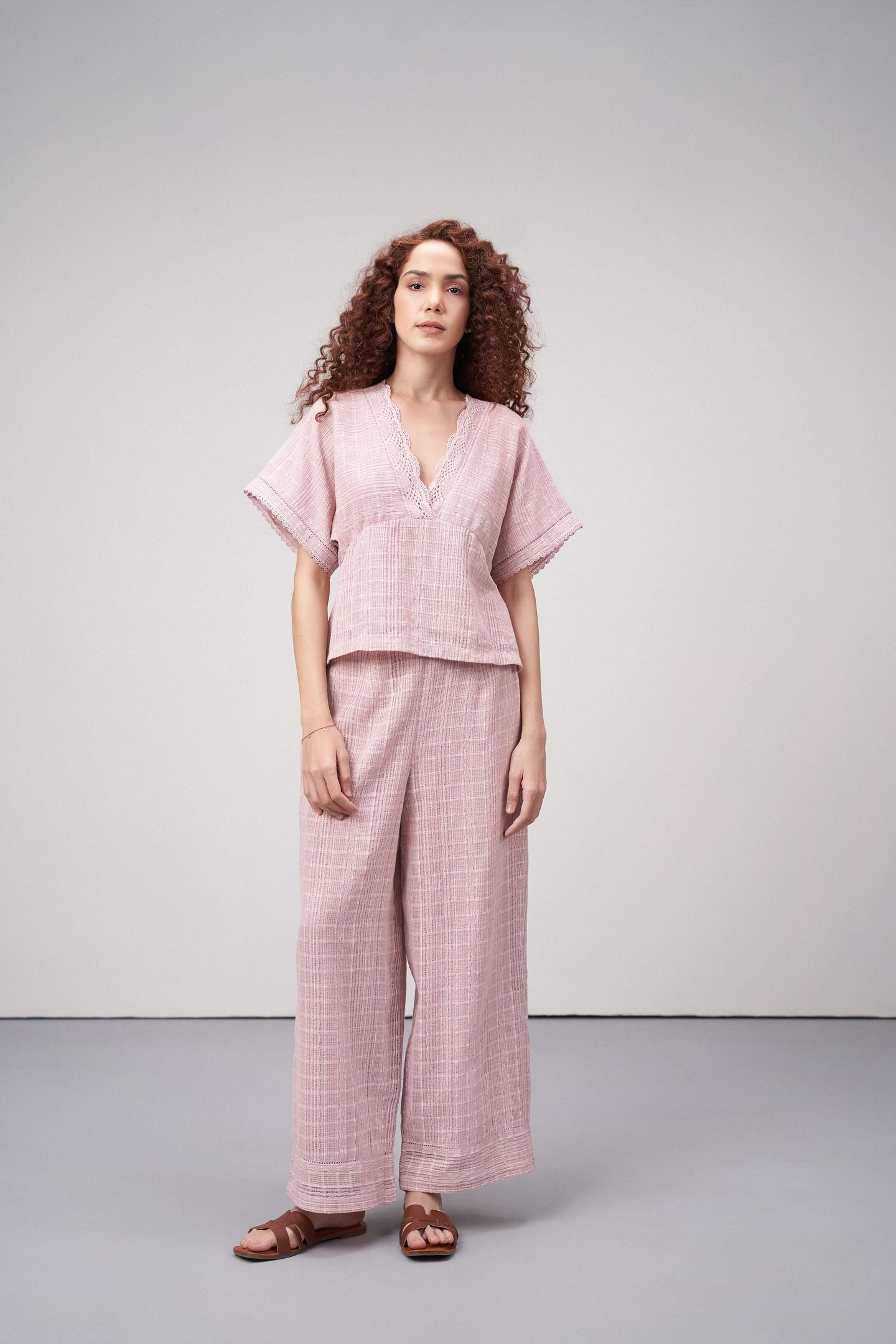 Women Pants 100% Cotton Textured Elastic Waistband Straight Fit Pink Color Trousers  | Pink Cotton Straight-fit Trousers For Women | Full Body View Cotton Guipure Straight Fit Trousers
