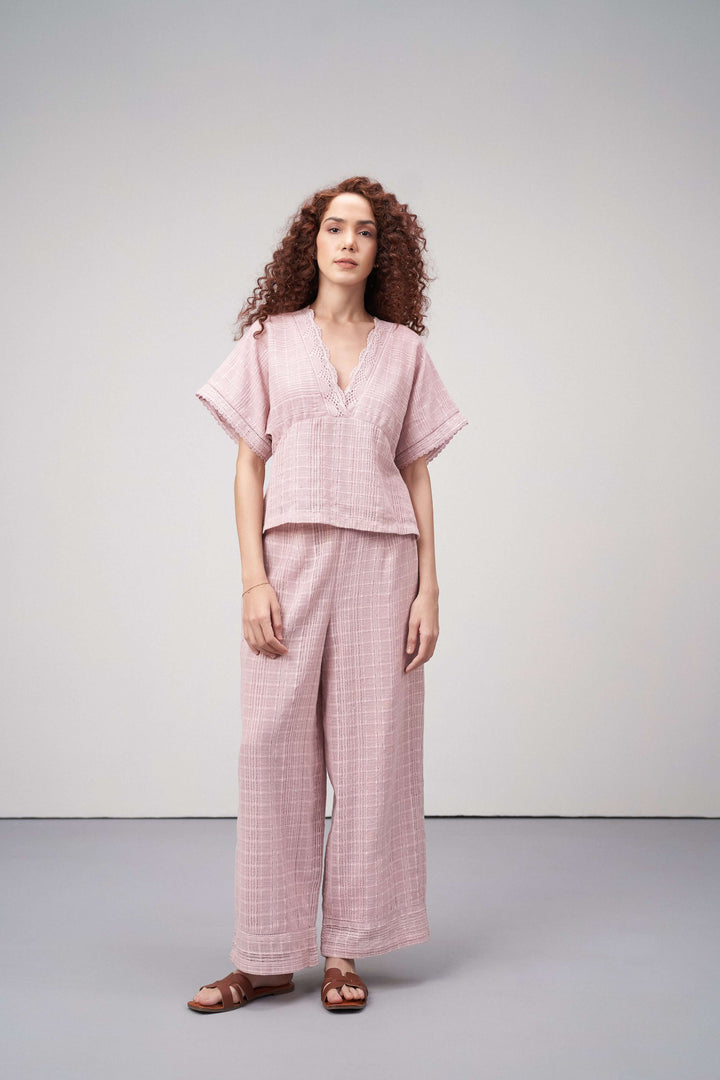 Women Pants 100% Cotton Textured Elastic Waistband Straight Fit Pink Color Trousers  | Pink Cotton Straight-fit Trousers For Women | Full Body View Cotton Guipure Straight Fit Trousers
