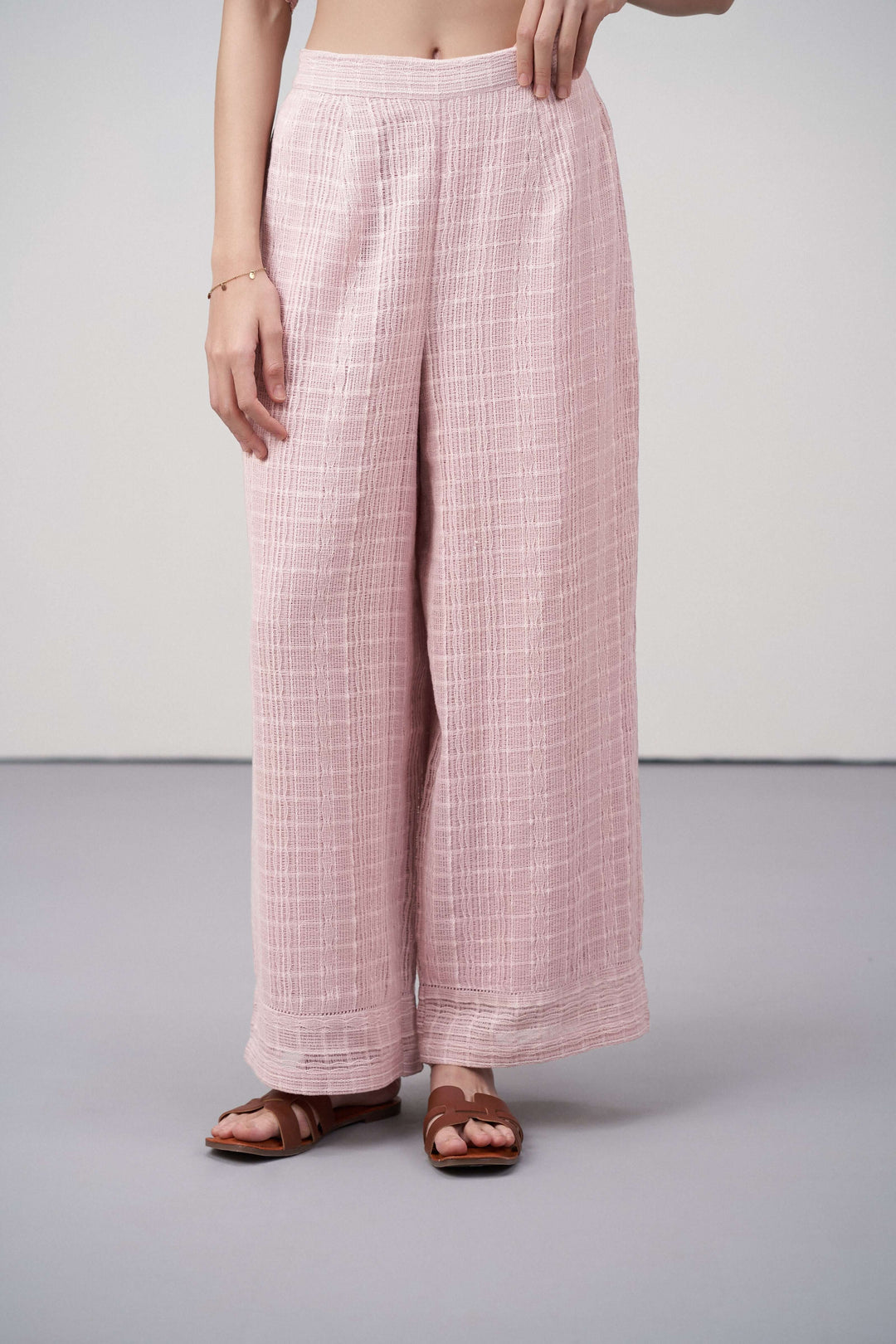 women pants 100% cotton textured elastic waistband straight fit pink color trousers | Pink Cotton Straight-Fit Trousers for Women | Fornt View Cotton Guipure Straight Fit Trousers
