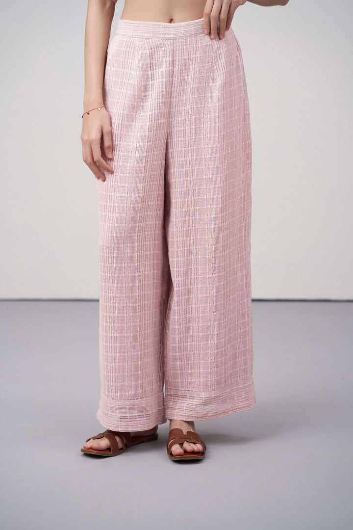 women pants 100% cotton textured elastic waistband straight fit pink color trousers | Pink Cotton Straight-Fit Trousers for Women | Fornt View Cotton Guipure Straight Fit Trousers
